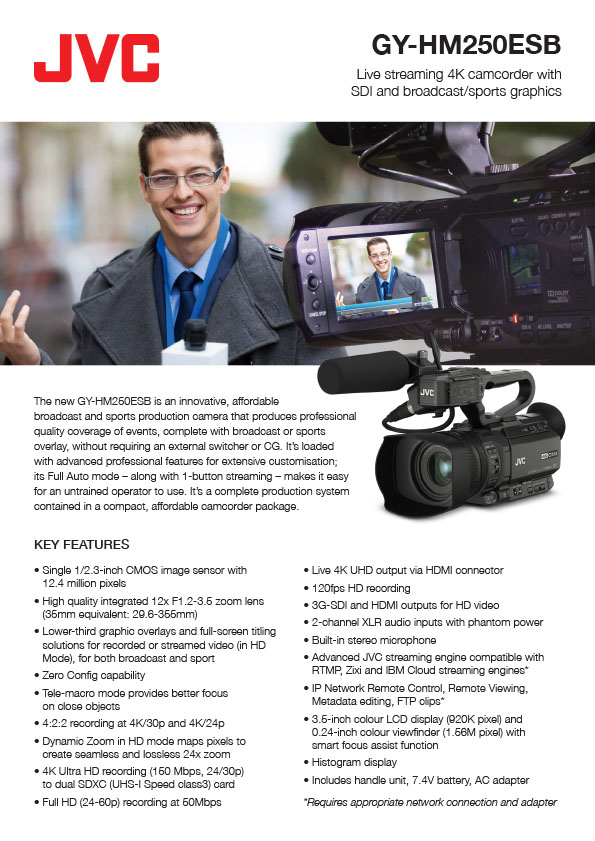 Brochure videocamera Live Streaming 4K GY-HM250ESB con sovraimpressione grafica